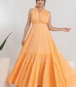 Peach solid cotton tiered gown maxi dress for women
