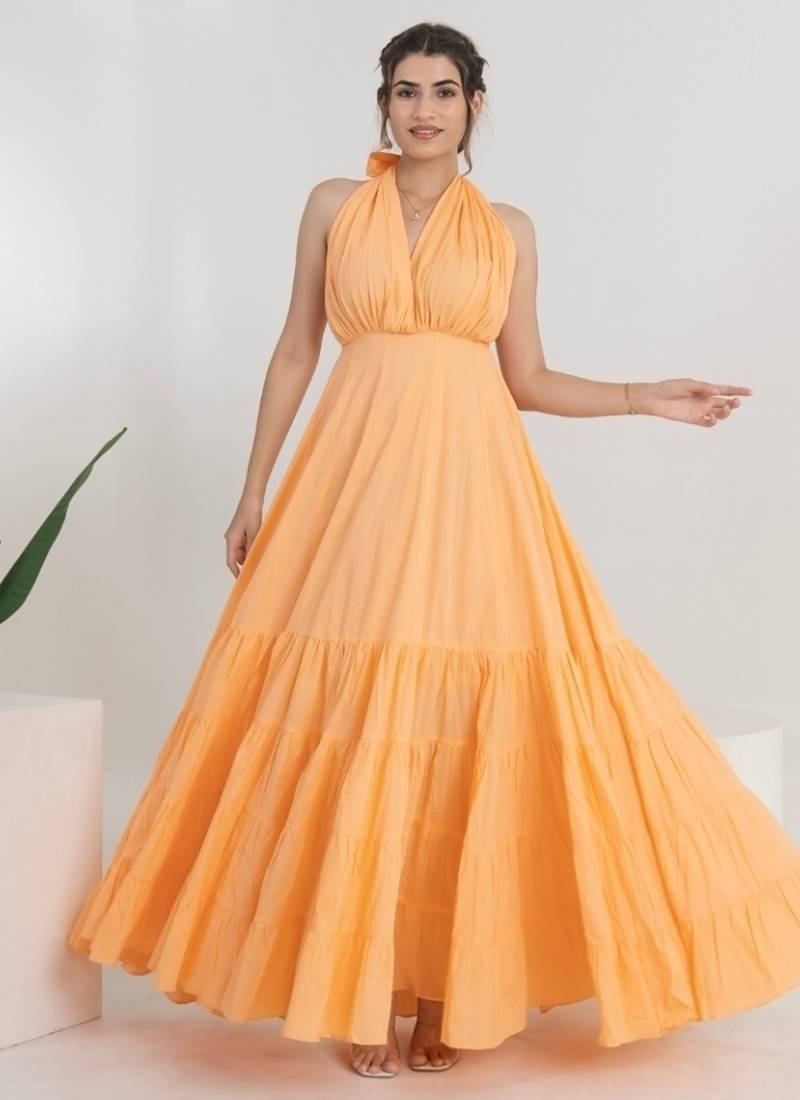 Peach solid cotton tiered gown maxi dress for women