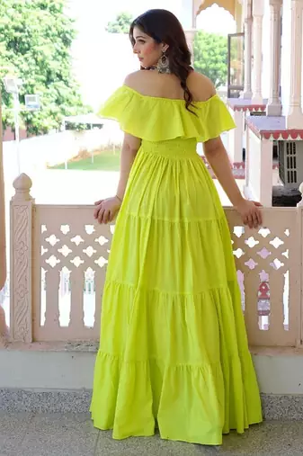 Lemon solid cotton tiered maxi dress for women