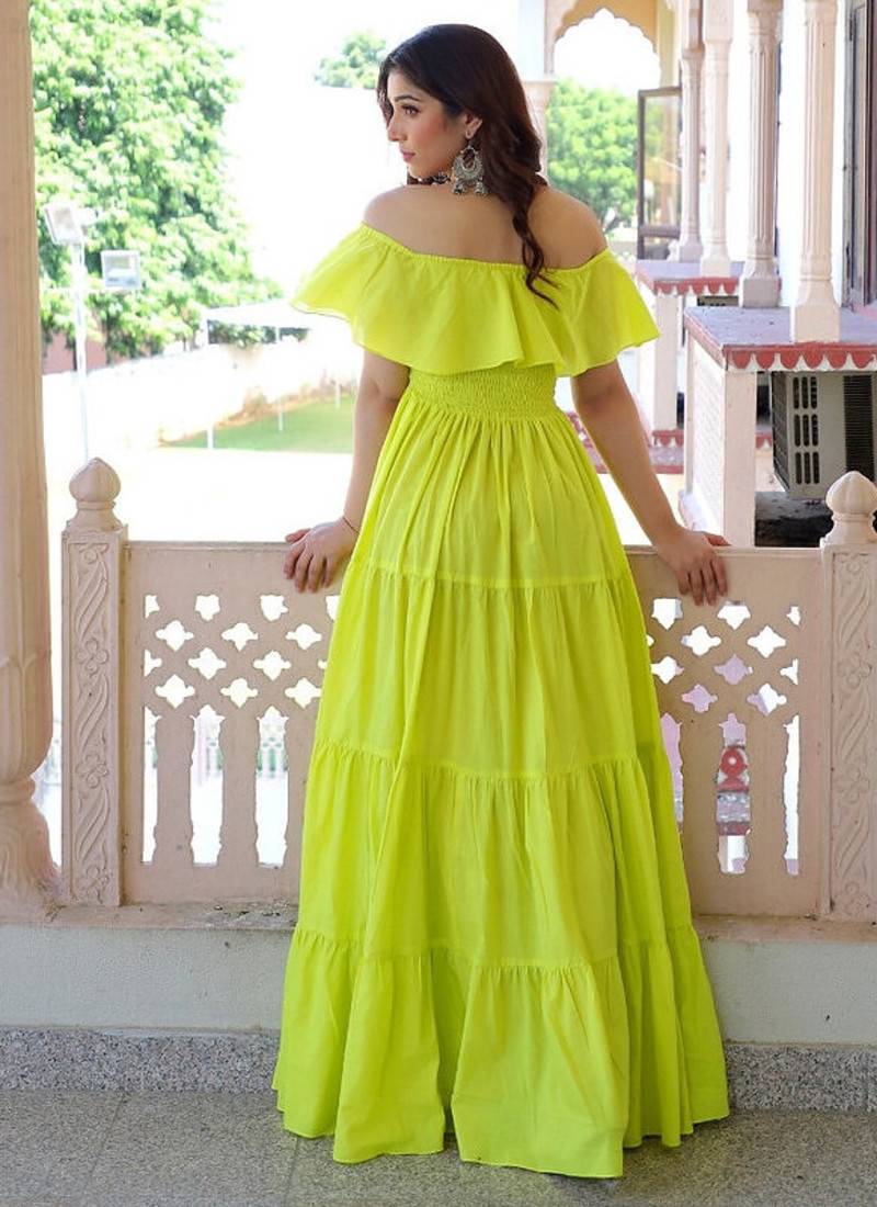 Lemon solid cotton tiered maxi dress for women