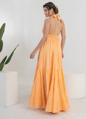 Peach solid cotton tiered gown maxi dress for women 2