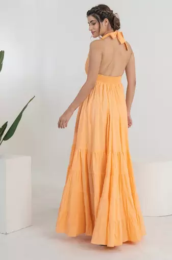 Peach solid cotton tiered gown maxi dress for women