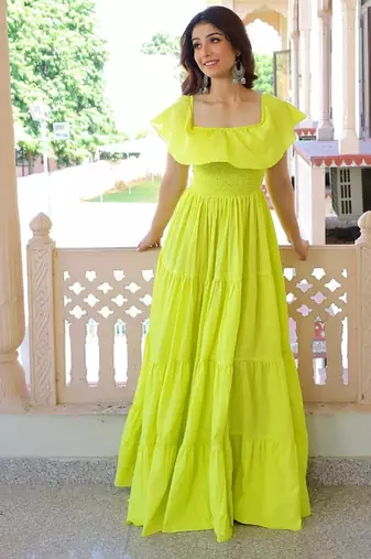 Lemon solid cotton tiered maxi dress for women