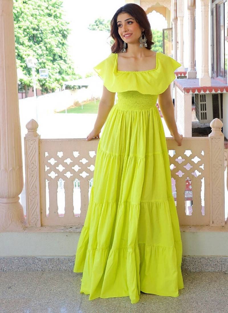 Lemon solid cotton tiered maxi dress for women