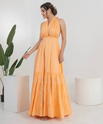 Peach solid cotton tiered gown maxi dress for women 3