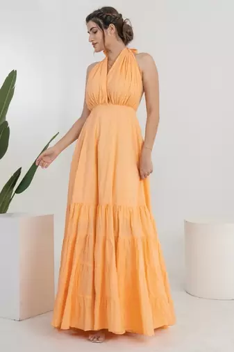 Peach solid cotton tiered gown maxi dress for women