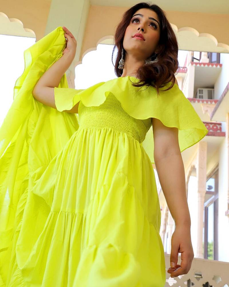Lemon solid cotton tiered maxi dress for women
