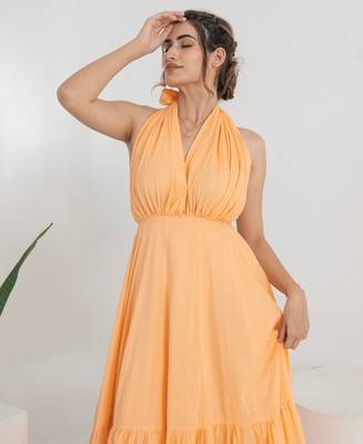 Peach solid cotton tiered gown maxi dress for women 4
