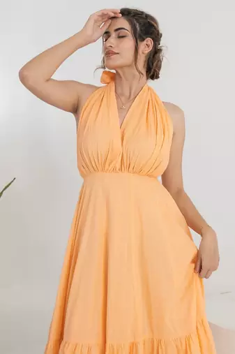 Peach solid cotton tiered gown maxi dress for women