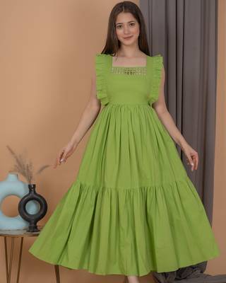 Green solid cotton fit & flare midi dress for women 1
