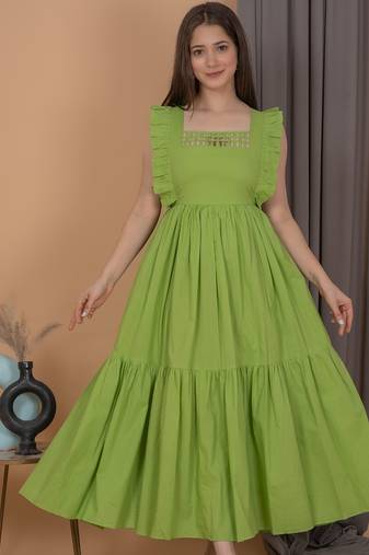 Green solid cotton fit & flare midi dress for women
