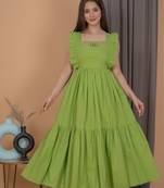 Green solid cotton fit & flare midi dress for women