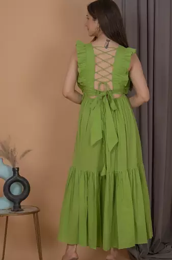 Green solid cotton fit & flare midi dress for women