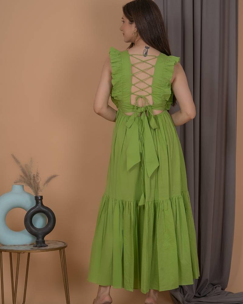 Green solid cotton fit & flare midi dress for women