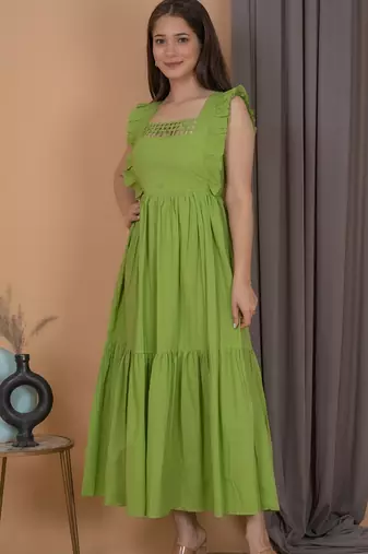 Green solid cotton fit & flare midi dress for women