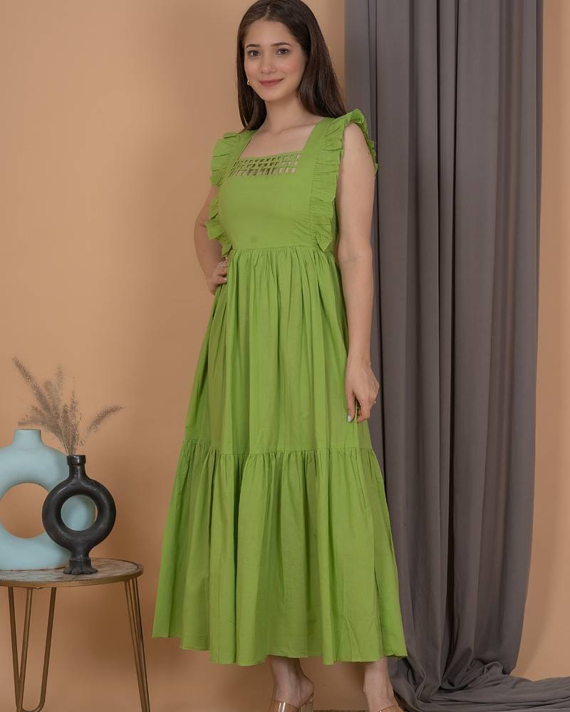 Green solid cotton fit & flare midi dress for women