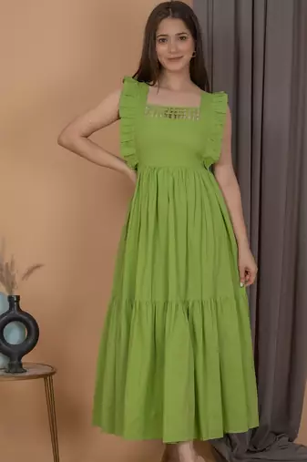Green solid cotton fit & flare midi dress for women