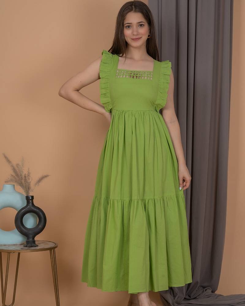 Green solid cotton fit & flare midi dress for women