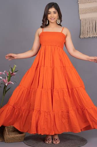 Orange solid cotton fit & flare maxi dress for women