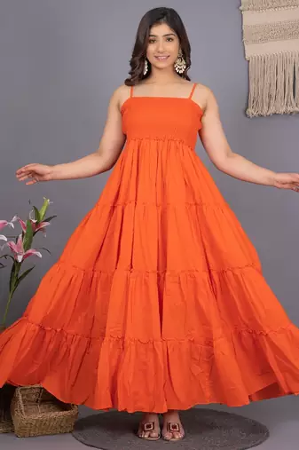 Orange solid cotton fit & flare maxi dress for women
