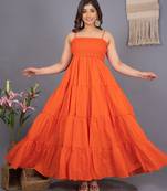 Orange solid cotton fit & flare maxi dress for women