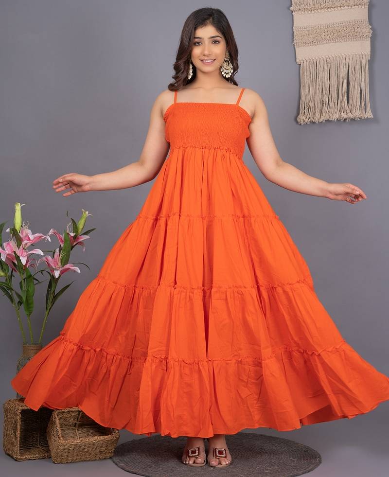 Orange solid cotton fit & flare maxi dress for women