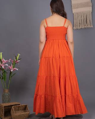 Orange solid cotton fit & flare maxi dress for women 2