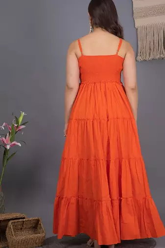 Orange solid cotton fit & flare maxi dress for women