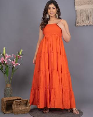 Orange solid cotton fit & flare maxi dress for women 3