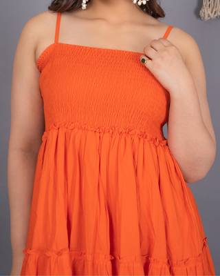 Orange solid cotton fit & flare maxi dress for women 4