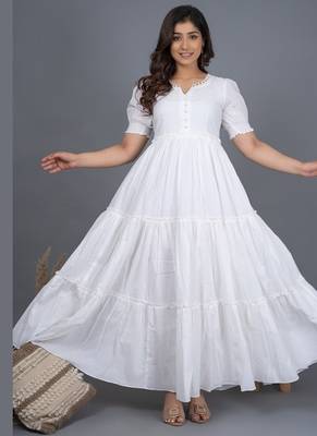 White self design cotton tiered maxi dress for women 1