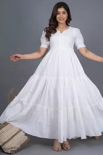 White self design cotton tiered maxi dress for women