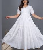 White self design cotton tiered maxi dress for women