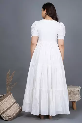 White self design cotton tiered maxi dress for women