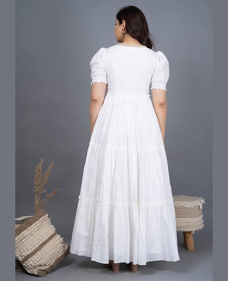 White self design cotton tiered maxi dress for women