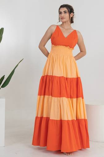 Orange color block cotton tiered maxi dress for women