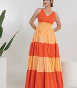 Orange color block cotton tiered maxi dress for women