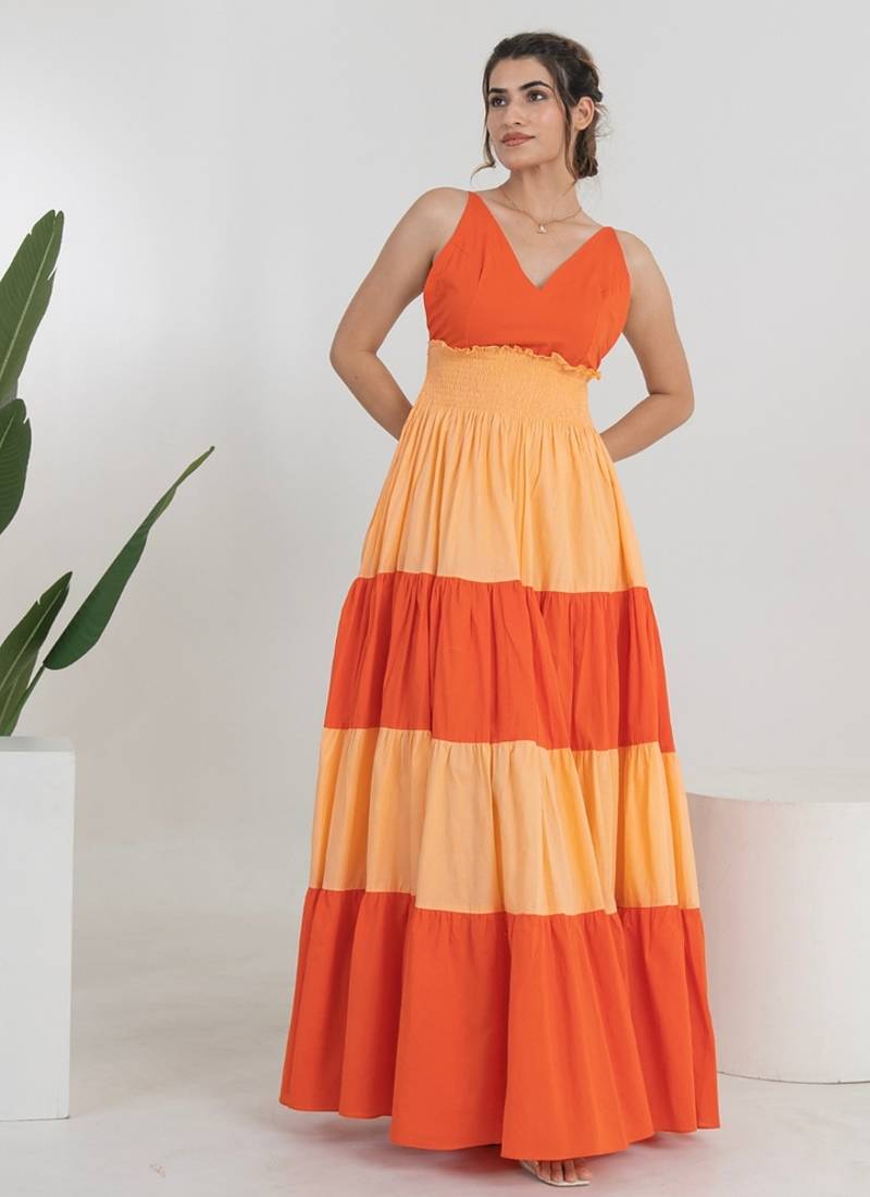 Orange color block cotton tiered maxi dress for women