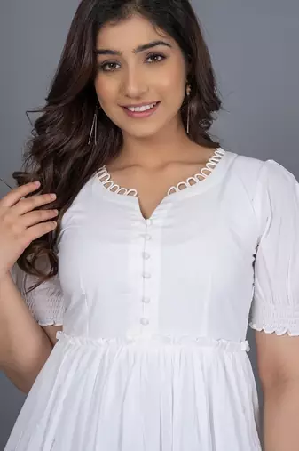 White self design cotton tiered maxi dress for women