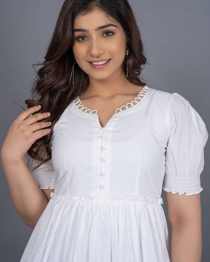White self design cotton tiered maxi dress for women