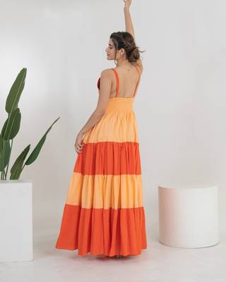 Orange color block cotton tiered maxi dress for women 2