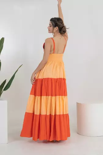 Orange color block cotton tiered maxi dress for women