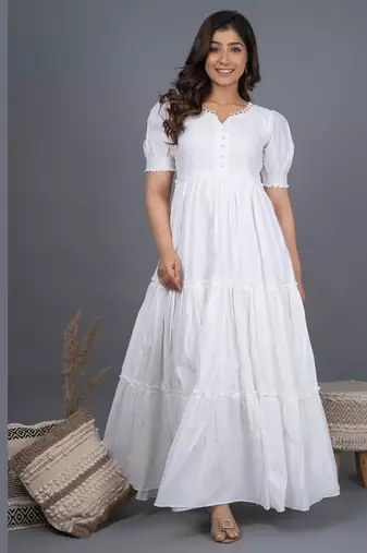White self design cotton tiered maxi dress for women