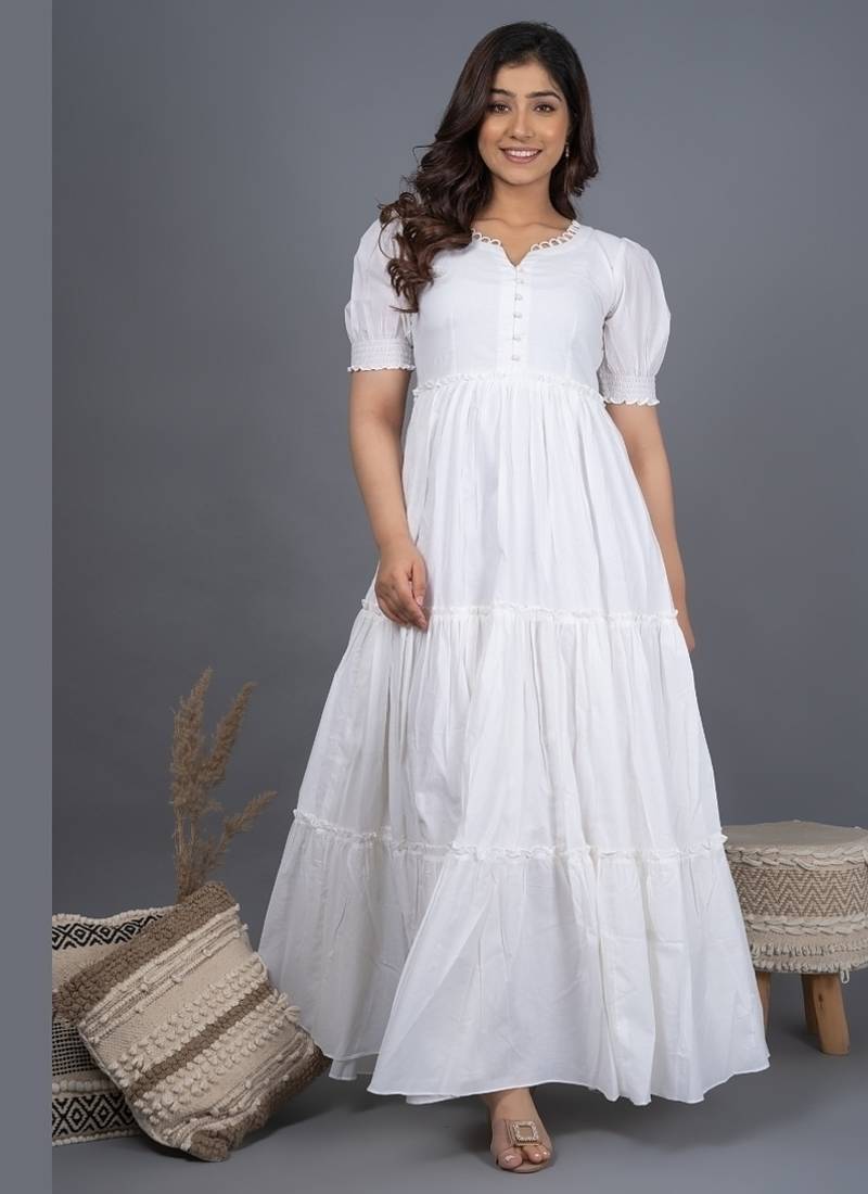 White self design cotton tiered maxi dress for women