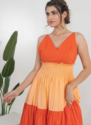Orange color block cotton tiered maxi dress for women 3