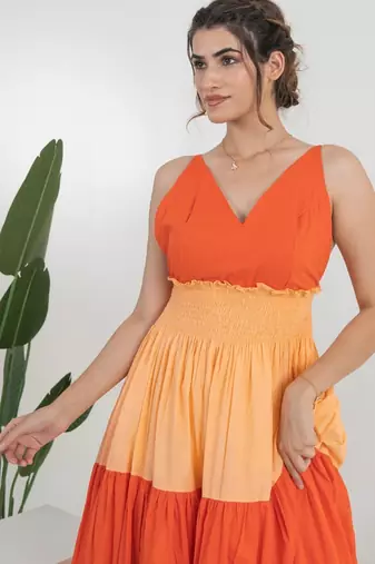 Orange color block cotton tiered maxi dress for women