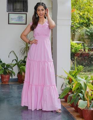 Pink solid cotton smocked maxi dress for women 1