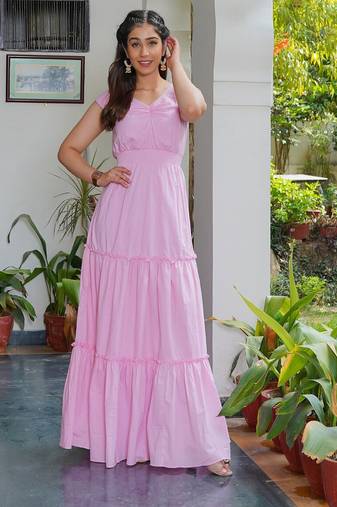 Pink solid cotton smocked maxi dress for women