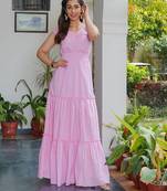Pink solid cotton smocked maxi dress for women