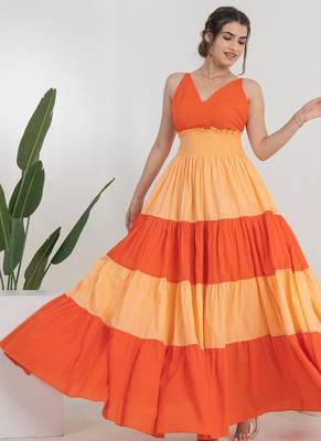 Orange color block cotton tiered maxi dress for women 4
